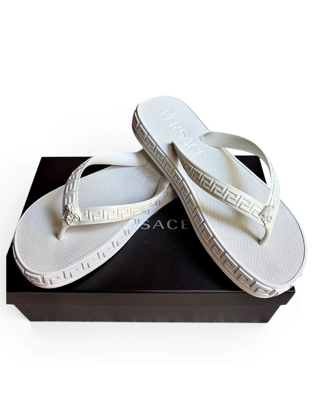 Versace White Medusa Greek Key Thong Sandals